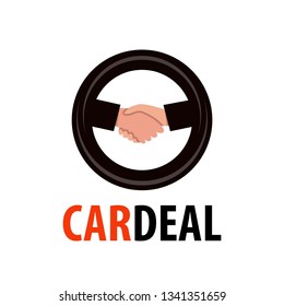 Logo for Dealership. Handshake in wheel symbol illustrating deal of Auto Sale. Vector emblem isolated on white background.