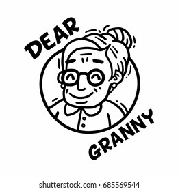 logo dear granny black and white portrait with glasses