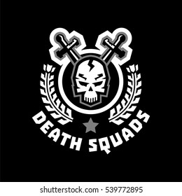 Logo death squad. Human skull and cross swords. Wreaths. Black and white color sticker. The emblem on the Middle Ages and the war. Vector illustration. Flat style.