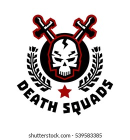 Logo Death Squad. Swords Cross. Skull And Wreath. Logo On Superhero Defender Of Order, Fight Against Crime And Criminality. The Representative Of Justice. Vector Illustration. Flat Style 