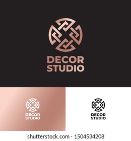 Logo of decor and design bureau. Crossed lines like geometry ornament. Premium business emblem. Folk ornament.