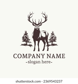 Logo Deer Elk Silhouette Hand Drawn Vector Illustration. Symbol Graphic Element, logo template isolated on a background Premium retro vintage symbols for hunting club, adventure, in forest vintage	