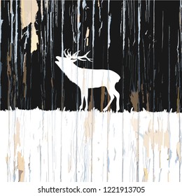 logo deer roaring sketch on wood. Vintage vector illustration.
