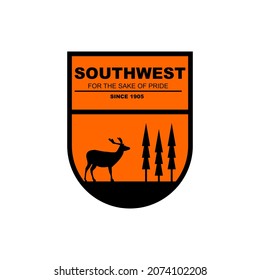 A logo of a deer silhouette and a view at dusk which is perfect for the logo of a hunter community or a community of nature lovers