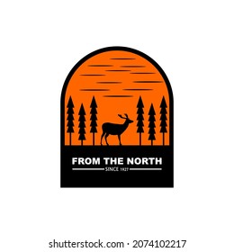 A logo of a deer silhouette and a view at dusk which is perfect for the logo of a hunter community or a community of nature lovers