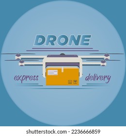 Logo of delivery copter in realistic style. Quadcopter flying with package box in the sky. Modern autonomous drone for drone order delivery. Colorful vector illustration isolated on white background.