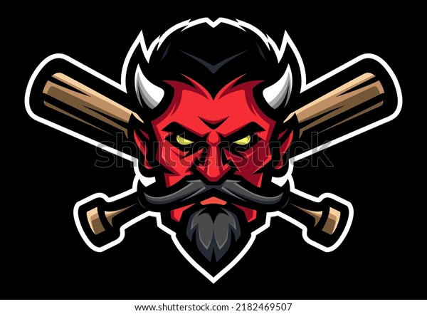 Logo\
demon, devil, Satan, monster, with crossed baseball bats. Halloween\
art in a flat style. Sport mascot, e-sports\
label.