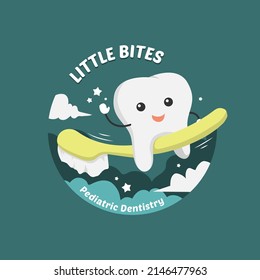 Logo for dental health with dental mascot flying on a toothbrush.