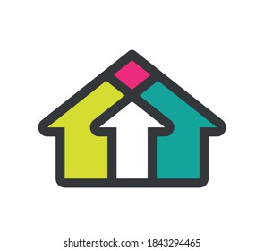 Logo que representa un edificio construido con flechas verticales de color