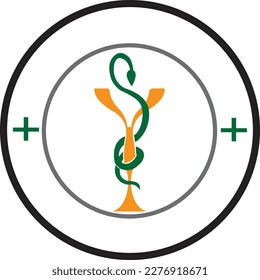 Logo que representa una taza envuelta alrededor de una serpiente y un símbolo más como filosofía medicinal