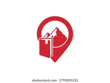 Logo depicting a mountain peak and a book inside a location marker, minimalistic design