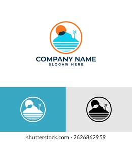 logo depicting a tropical island scene. Features an island with a palm tree silhouetted and rising sun. Blue wavy lines represent the ocean Evokes a sense of paradise, vacation, or tropical beauty.