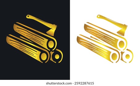 The logo depicts a chunk of wood with a beautiful gold colored wooden ax on a black and white background