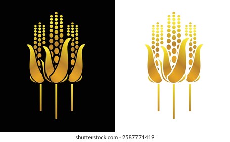 The logo depicts a corn on a stalk with a cool and elegant combination of gold on a black background