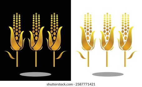 The logo depicts a corn on a stalk with a cool and elegant combination of gold on a black background