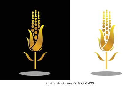 The logo depicts a corn on a stalk with a cool and elegant combination of gold on a black background