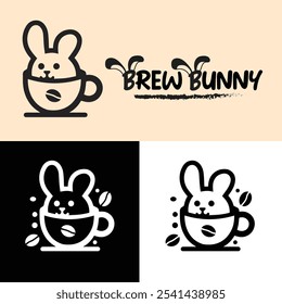 Das Logo zeigt einen süßen Hasen in einer Kaffeetasse mit dem Text "Brew Bunny" in verspielter Schrift, der eine Kaffeemarke darstellt. Es ist ein minimalistisches, einfarbiges Design, das Kaffeeliebhaber ansprechen soll.