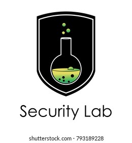 The logo depicts a shield in the center of which is a laboratory flask.