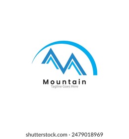 The logo depicts a simplified blue mountain shape inside a circle. The text “Mountain” is written above the image, and “Tagline Goes Here” is written below it. The circle and text are both blue.