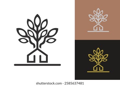 The logo depicts a stylized house with a leafy tree, symbolizing growth and sustainability in a clean, modern format, ideal for eco-friendly initiatives.