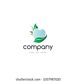 The logo depicts a tooth against a background of green leaves.