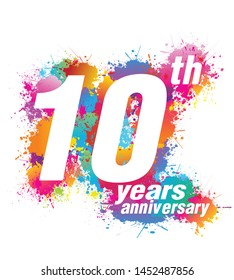 Logo design for 10 th years anniversary, Colorful paint drops ink splashes, Icon, Symbol, Silhouette, Vector illustration on white background.