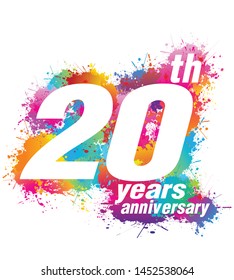Logo design for 20 th years anniversary, Colorful paint drops ink splashes, Icon, Symbol, Silhouette, Vector illustration on white background.