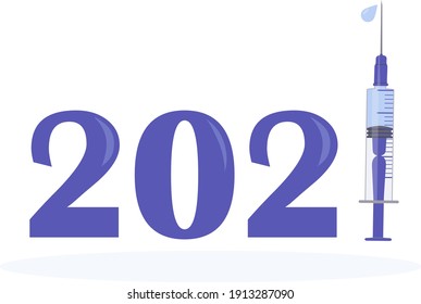 Logo design 2021 with syringe and vaccine. A cure for viruses.
Coronovirus vaccination. Symbol of the fight against the epidemic and the end of the pandemic. Vector illustration.