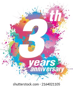 Logo design for 3th years anniversary. Colorful paint drops ink splashes, Icon, Symbol. Vector illustration.