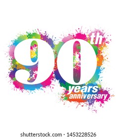 Logo design for 90th years anniversary, Colorful paint drops ink splashes, Festival, Icon, Symbol, Silhouette, Vector illustration on white background.