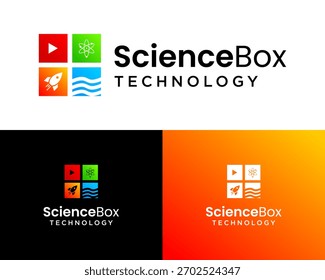 Diseño de logotipo sobre una caja que contiene varias investigaciones científicas.