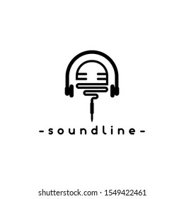 Logo design about collaboration between headphones, microphones and cables in a masculine display.