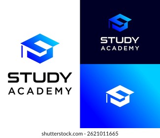 Logo design about the letter S monogram and an educational academic cap.

