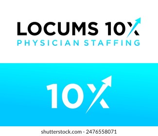 Logo design about the number 10, the letter X and an arrow pointing to the top right.
