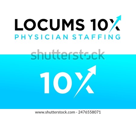 Logo design about the number 10, the letter X and an arrow pointing to the top right.