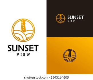 Logo design about sunset view on the beach with lighthouse.