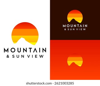 Logo design about a view of a mountain and ocean in the afternoon.

