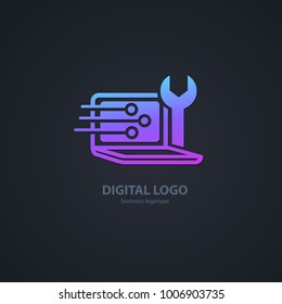 Logo design abstract computer repair vector template. Illustration design of logotype business desktop software. Vector computer web icon.