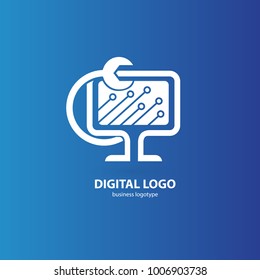 Logo design abstract computer repair vector template. Illustration design of logotype business desktop software. Vector computer web icon.