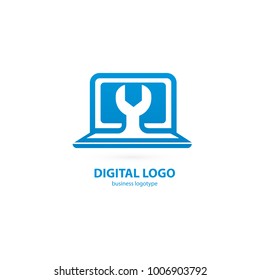 Logo design abstract computer repair vector template. Illustration design of logotype business desktop software. Vector computer web icon.