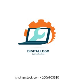 Logo design abstract computer repair vector template. Illustration design of logotype business desktop software. Vector computer web icon.