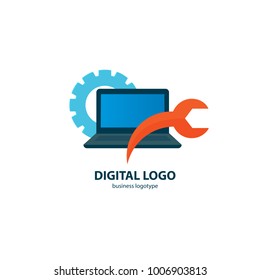 Logo design abstract computer repair vector template. Illustration design of logotype business desktop software. Vector computer web icon.