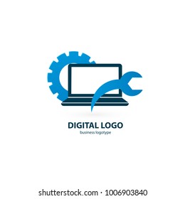 Logo design abstract computer repair vector template. Illustration design of logotype business desktop software. Vector computer web icon.