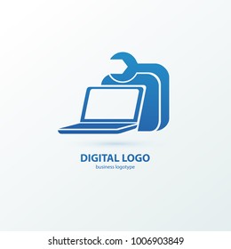 Logo design abstract computer repair vector template. Illustration design of logotype business desktop software. Vector computer web icon.