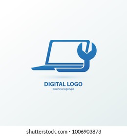 Logo design abstract computer repair vector template. Illustration design of logotype business desktop software. Vector computer web icon.