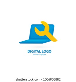 Logo design abstract computer repair vector template. Illustration design of logotype business desktop software. Vector computer web icon.