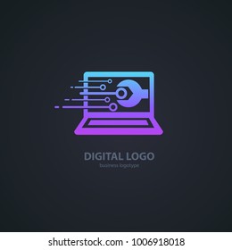 Logo design abstract computer repair vector template. Illustration design of logotype business desktop software. Vector computer web icon.
