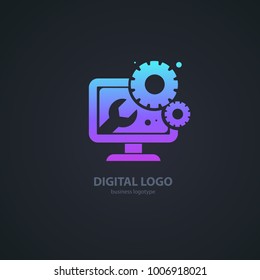 Logo design abstract computer repair vector template. Illustration design of logotype business desktop software. Vector computer web icon.