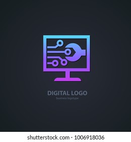 Logo design abstract computer repair vector template. Illustration design of logotype business desktop software. Vector computer web icon.