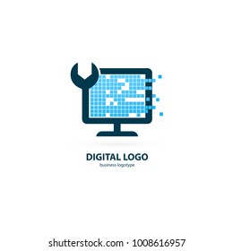Logo design abstract computer repair vector template. Illustration design of logotype business desktop software. Vector computer web icon.